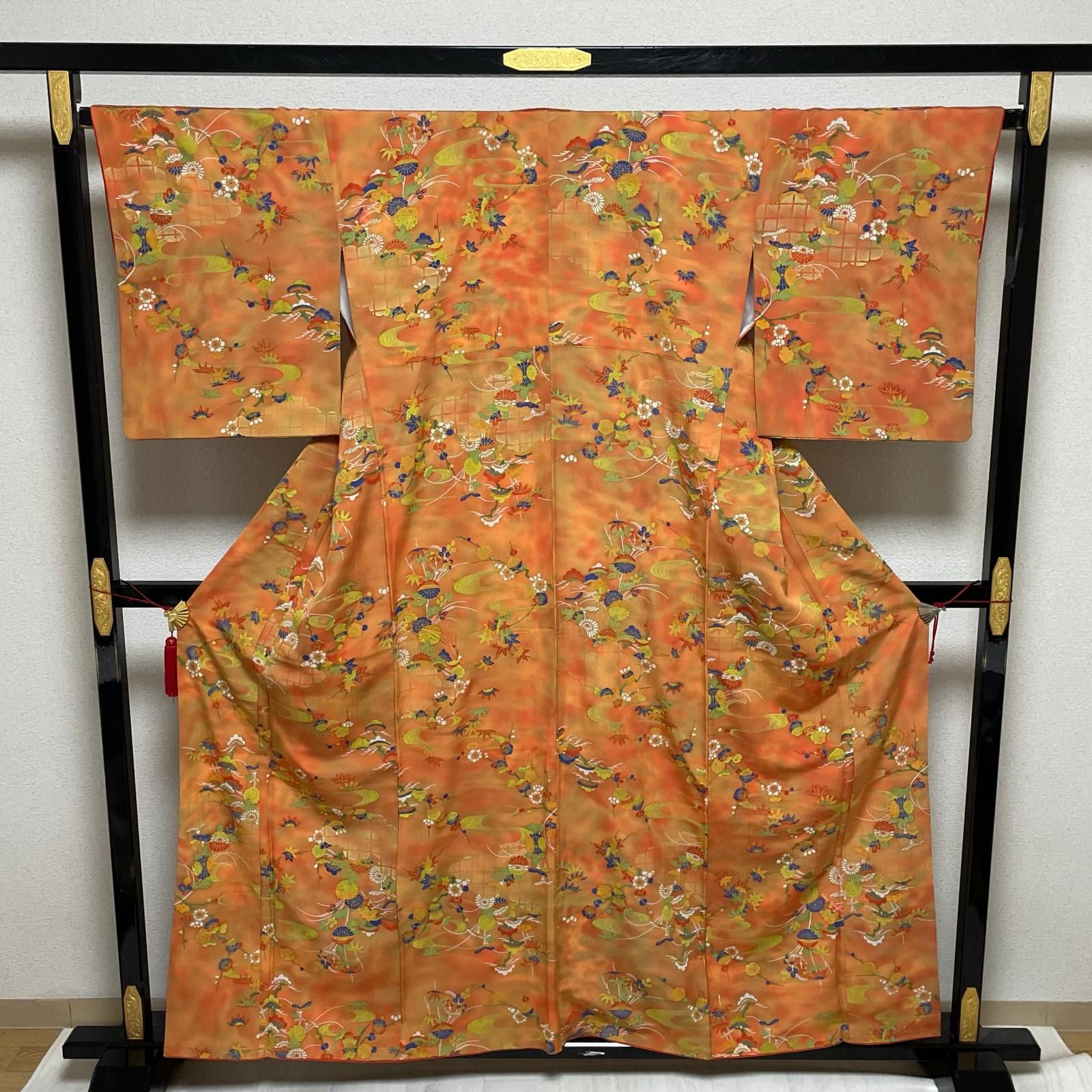 小紋 ちりめん 裄66.5 流水に花模様 暈し染 着物 正絹 X-1015 - メルカリ