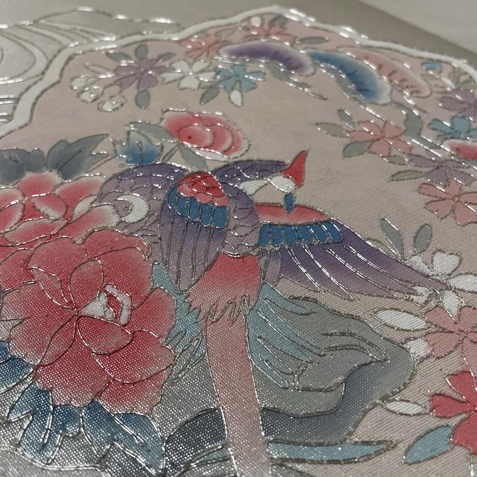 名古屋帯 花模様に鳳凰 銀駒刺繍 九寸 正絹 着物 X-1048 - メルカリ