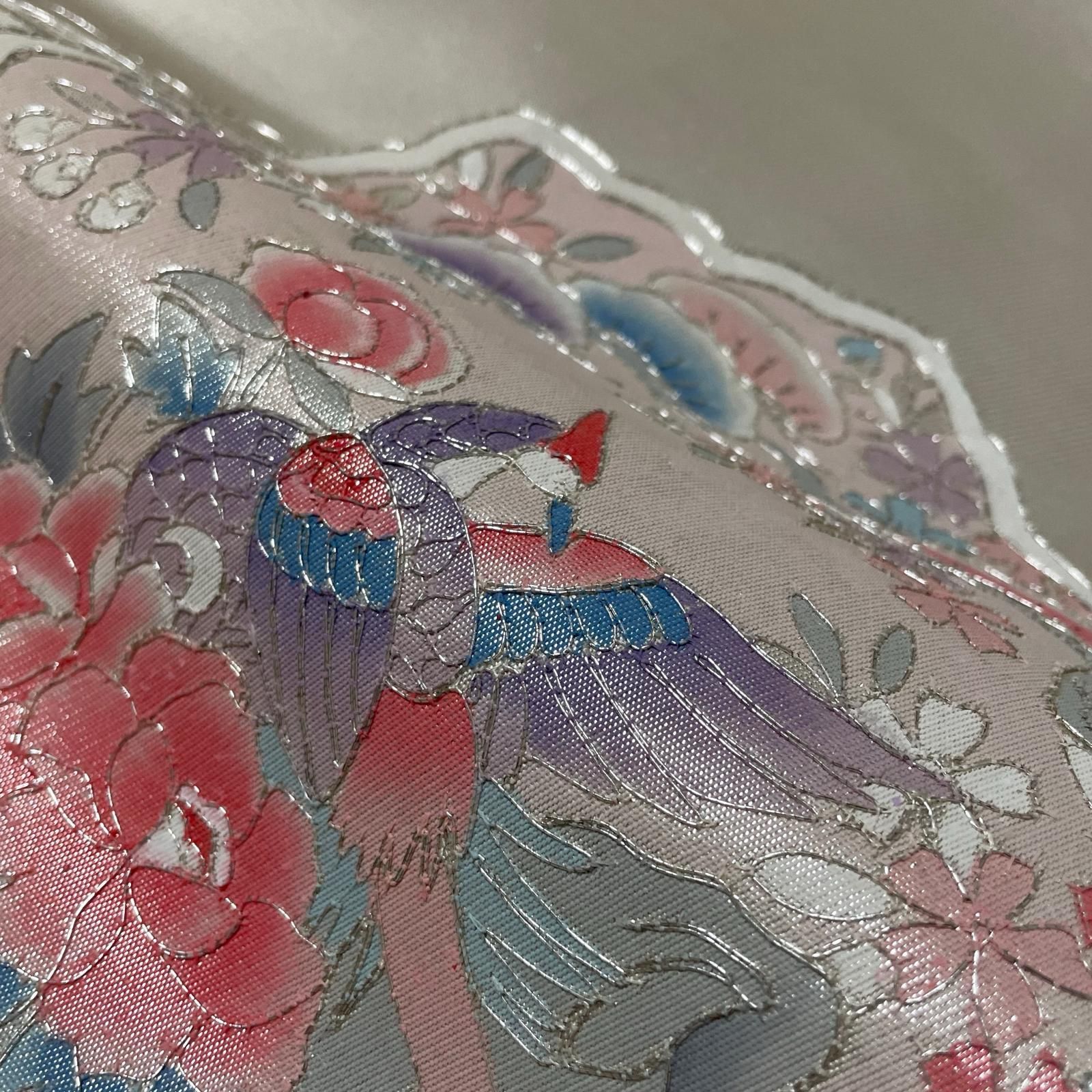 名古屋帯 花模様に鳳凰 銀駒刺繍 九寸 正絹 着物 X-1048 - メルカリ