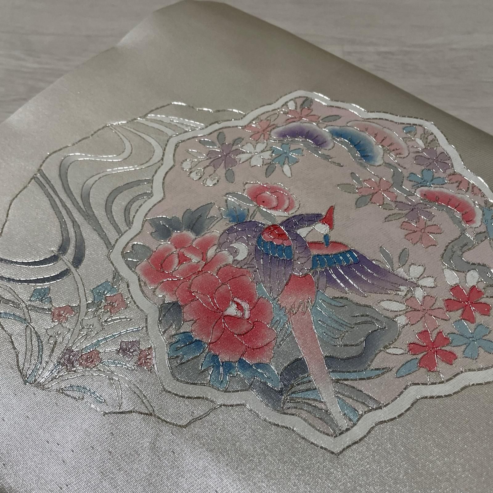名古屋帯 花模様に鳳凰 銀駒刺繍 九寸 正絹 着物 X-1048 - メルカリ