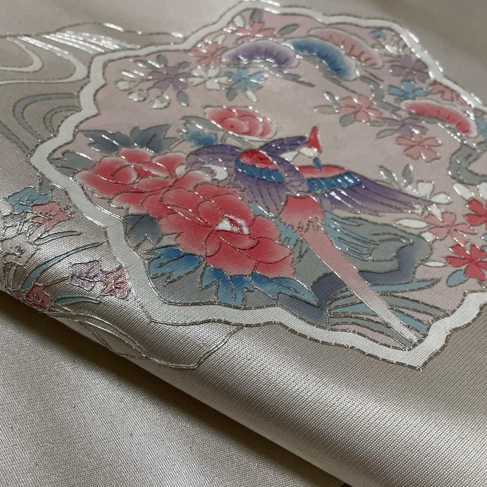 名古屋帯 花模様に鳳凰 銀駒刺繍 九寸 正絹 着物 X-1048 - メルカリ