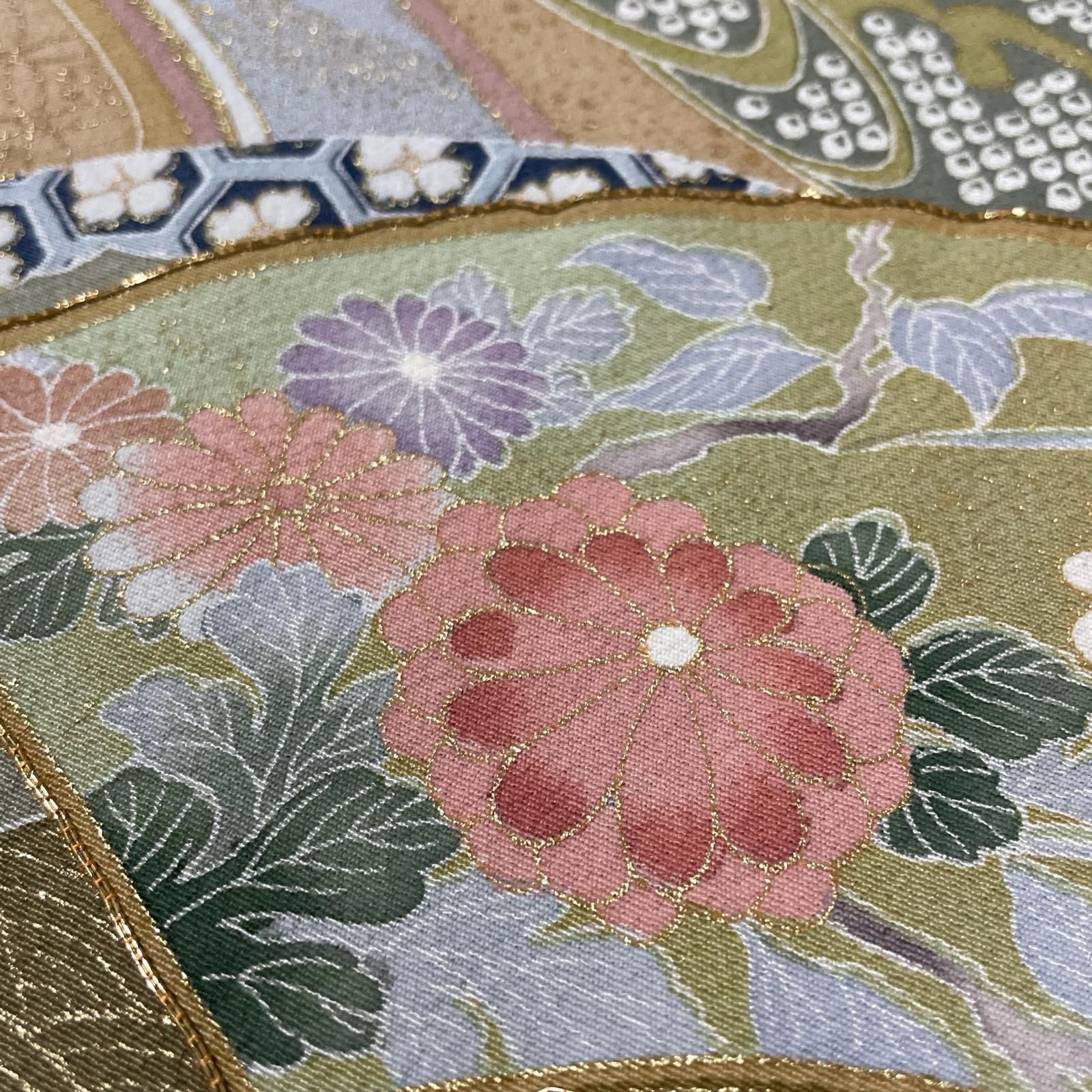 付下げ 流水 扇に花模様 金彩 金駒刺繍 着物 正絹 X-1178 - メルカリ