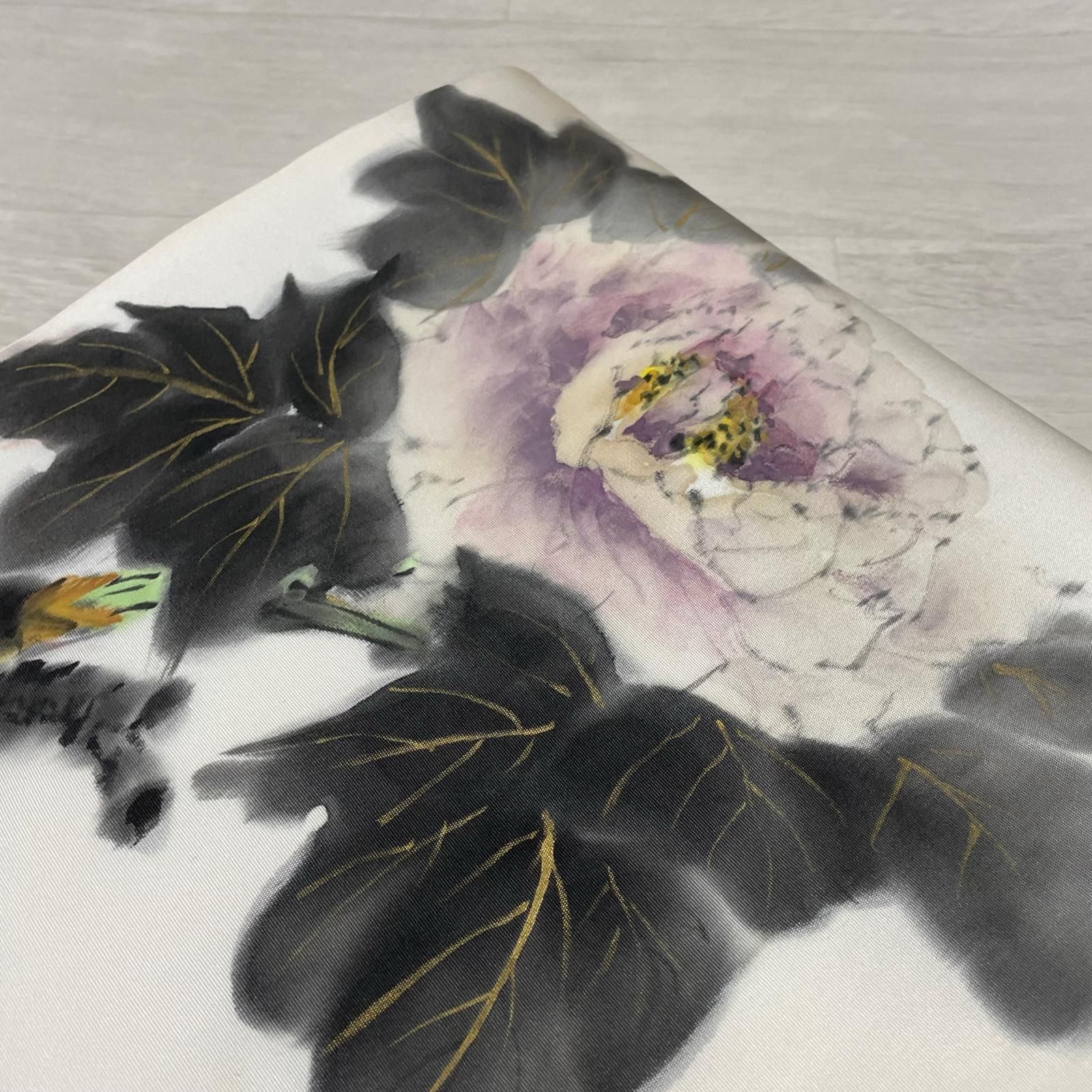 作家物 名古屋帯 塩瀬 手書き 美しい牡丹 九寸 正絹 着物 X-1238