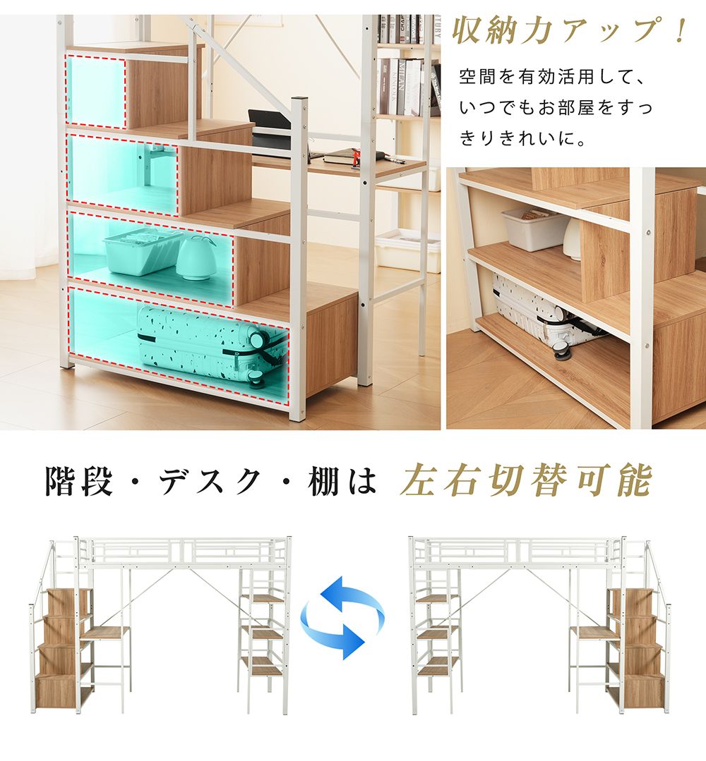 全新品 ロフトベッド パイプベッド シングル デスク付き 収納棚 階段 