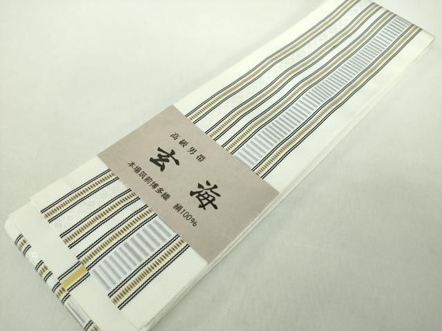 平和屋着物●男性　本場筑前博多織　両面　角帯　玄海　献上　井上絹織謹製　博多金ラベル　証紙付き　正絹　逸品　未使用　DABE5218ps