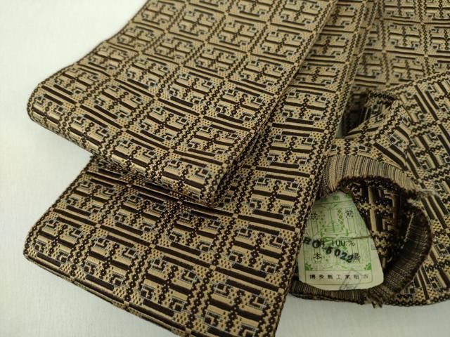 平和屋着物●男性　本場筑前博多織　角帯　幾何学文様　証紙付き　正絹　逸品　DABE5276ps