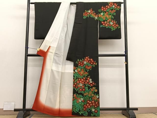 平和屋着物□訪問着 手描き 草花文 ろうけつ染め 黒地 正絹 逸品