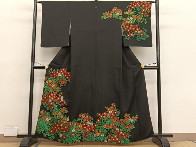 平和屋着物□訪問着 手描き 草花文 ろうけつ染め 黒地 正絹 逸品