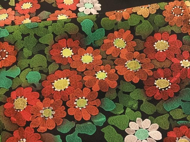 平和屋着物□訪問着 手描き 草花文 ろうけつ染め 黒地 正絹 逸品