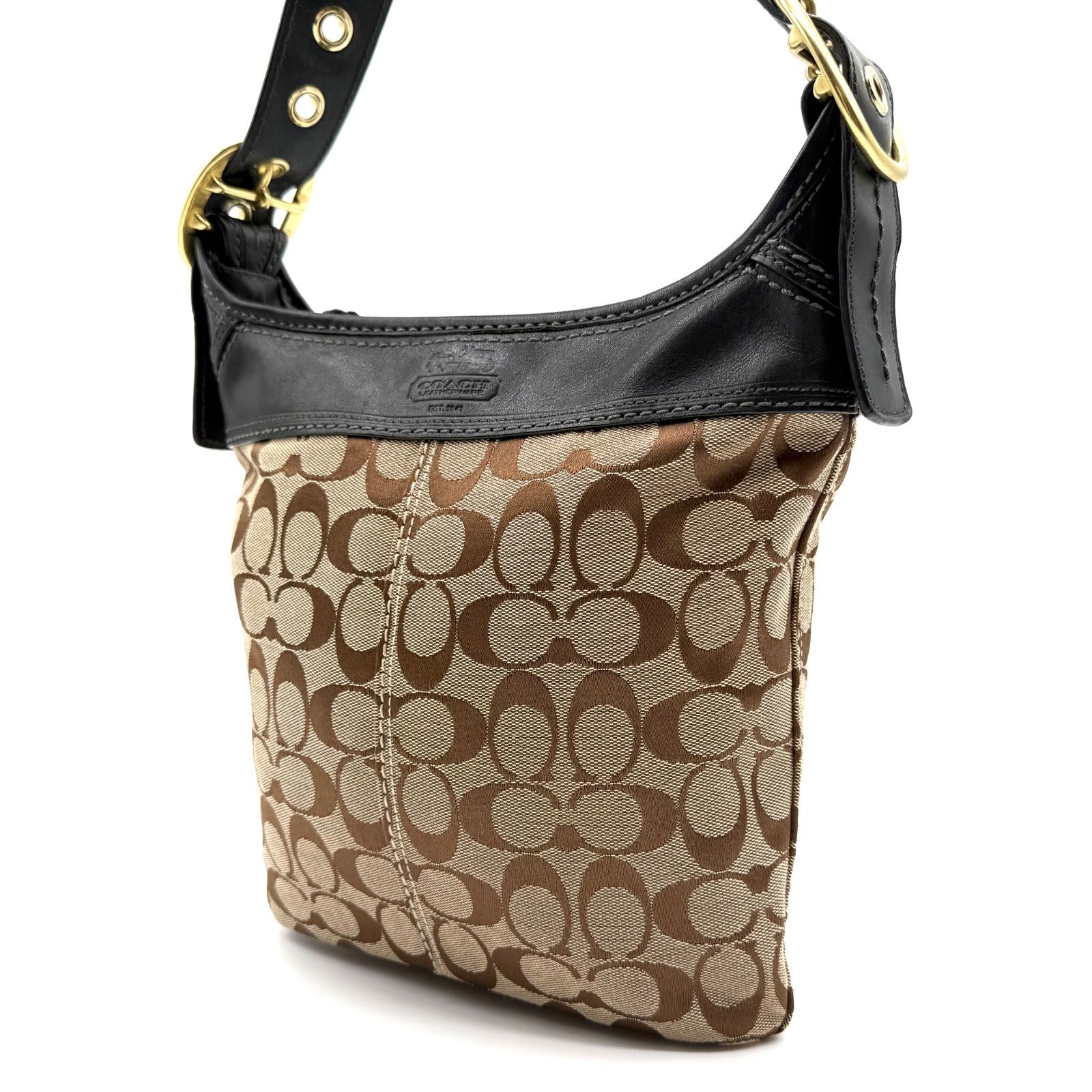 良品】COACH y2k bucket shoulder bag signature black beige canvas 