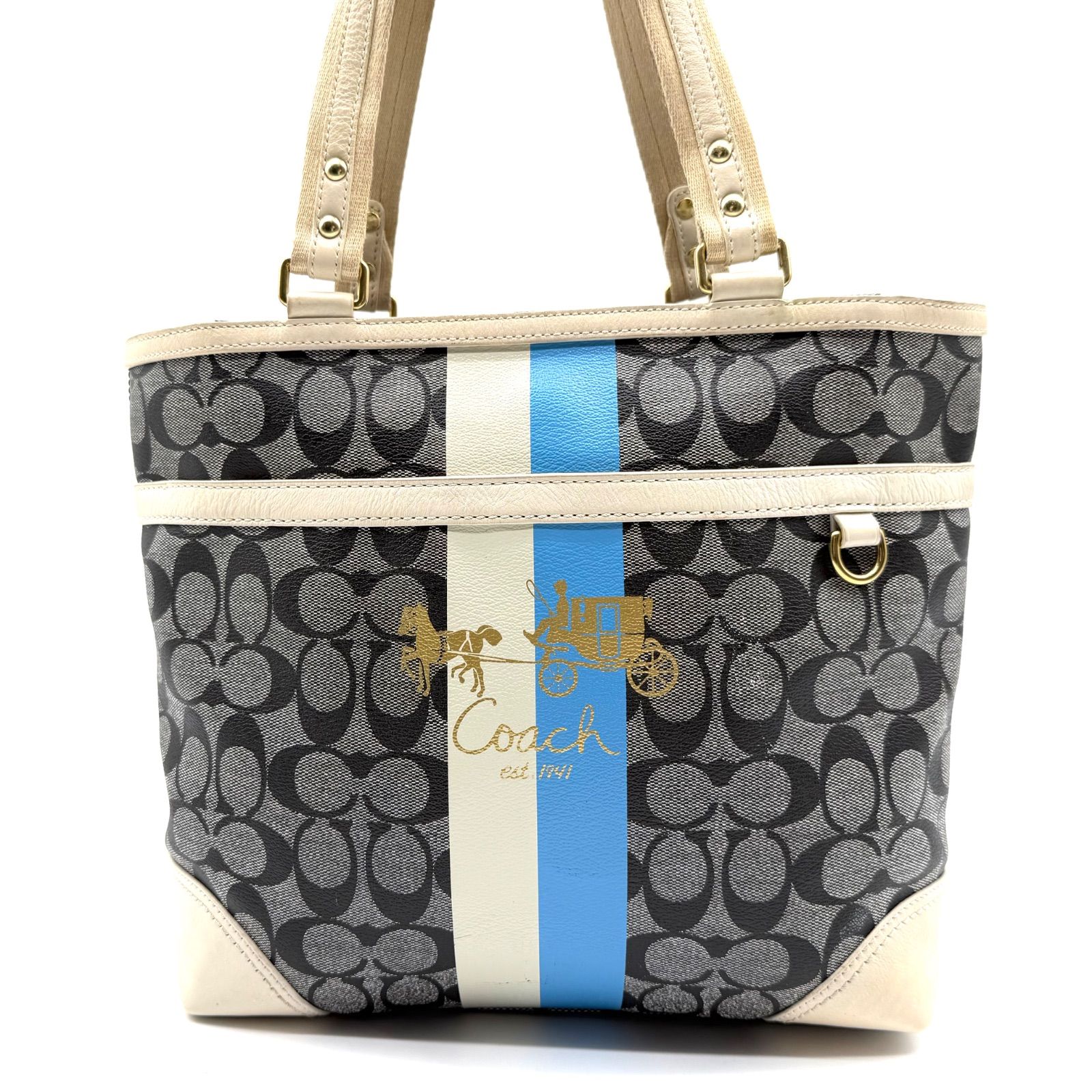 COACH y2k PVC signature gray leather tote bag stripe unisex コーチ 