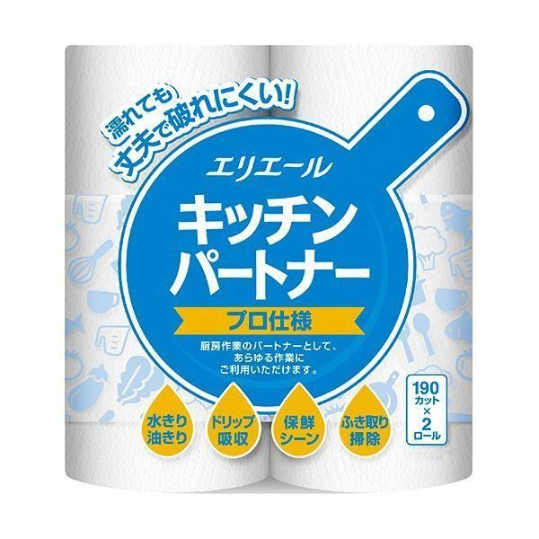 （まとめ）大王製紙 エリエール キッチンパートナープロ仕様 190カット/ロール 1パック（2ロール）〔×20セット〕