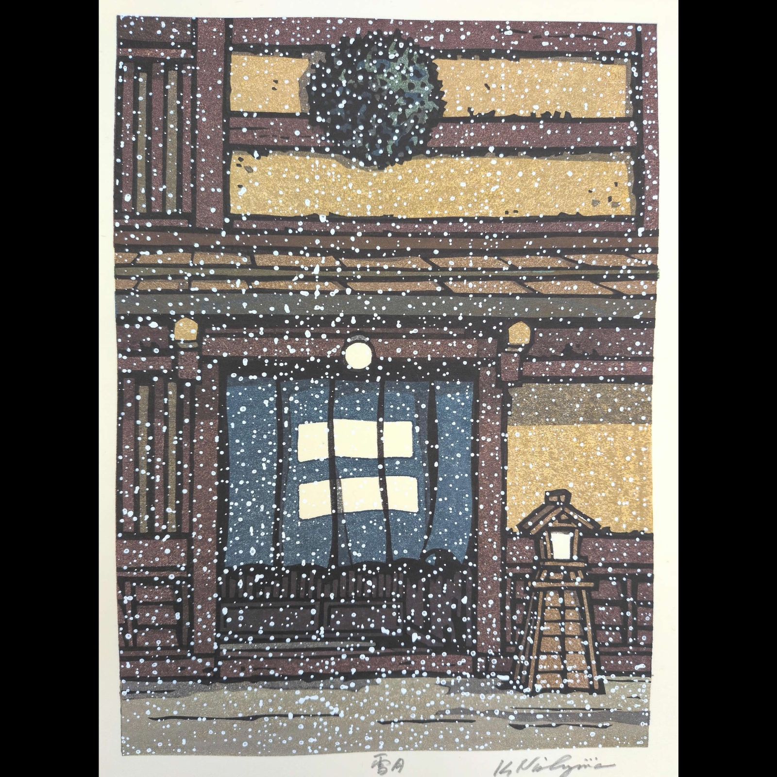 [真作]創作版画　西嶋勝之先生木版画「雪月」サインあり　無限定
