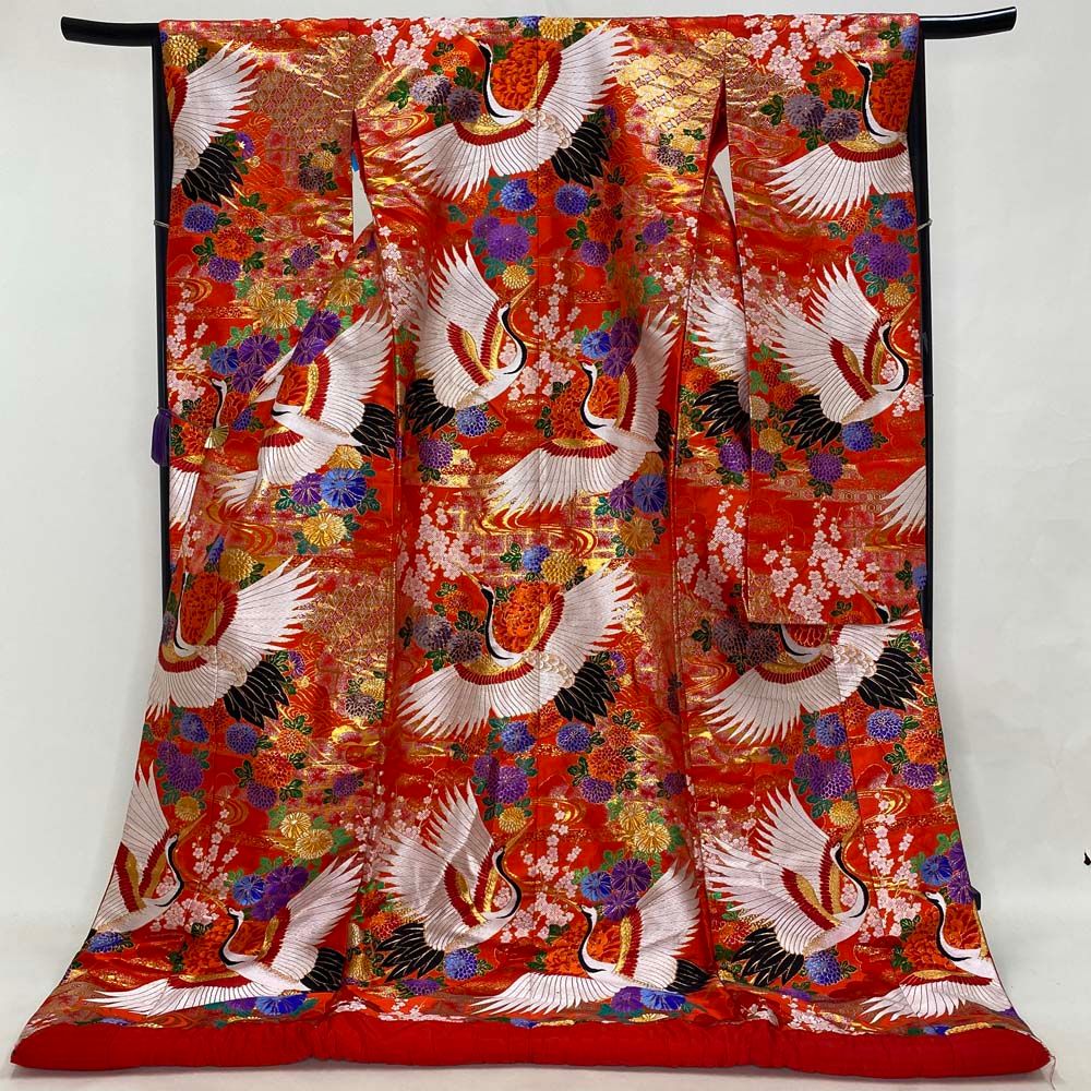 色打掛 正絹 鶴 刺繍 赤 金 打掛 花嫁衣裳 婚礼 リサイクル 中古 ブライダル ウエディング 着物 3674