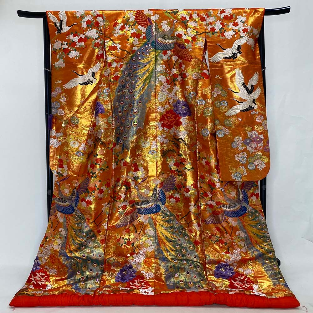 色打掛 正絹 鶴 刺繍 オレンジ 金 打掛 Lサイズ 裄67 花嫁衣裳 婚礼 リサイクル 中古 ブライダル ウエディング 着物 3962