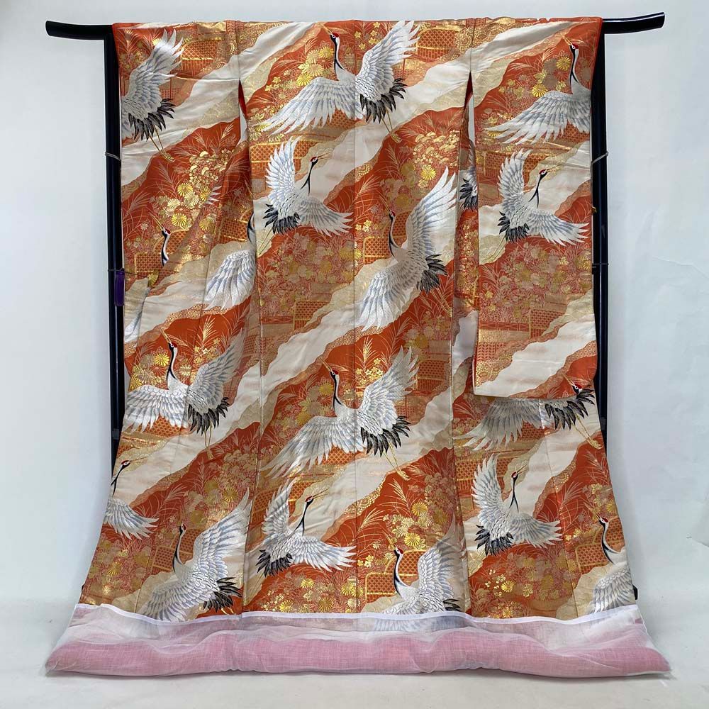 色打掛 正絹 鶴 刺繍 オレンジ 白 打掛 Mサイズ 裄65 花嫁衣裳 婚礼 リサイクル 中古 ブライダル ウエディング 着物 3964 26,618円