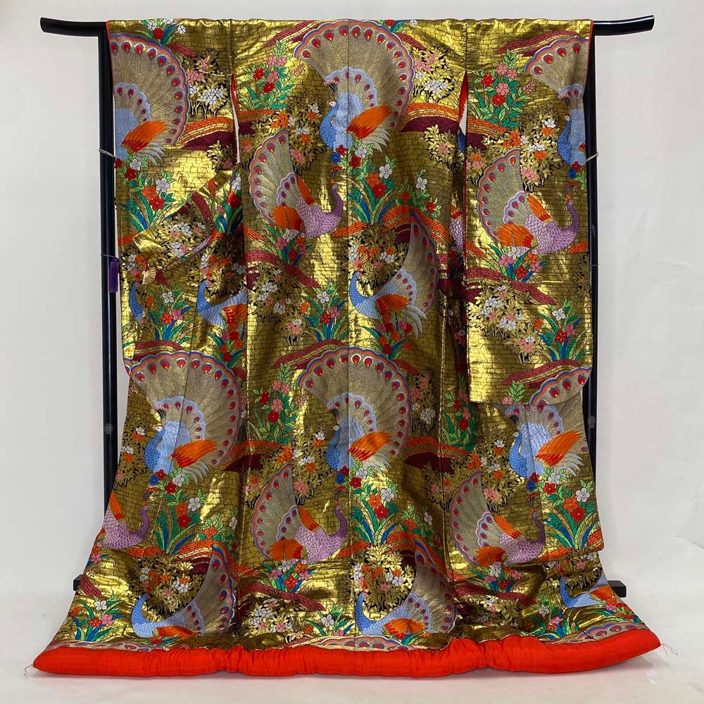 色打掛 正絹 鶴 刺繍 金 打掛 Mサイズ 裄65.5 花嫁衣裳 婚礼 リサイクル 中古 ブライダル ウエディング 着物 3965