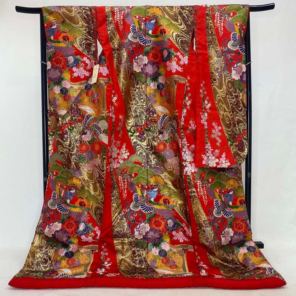 色打掛 正絹 鶴 刺繍 金 赤 打掛 Mサイズ 裄66 花嫁衣裳 婚礼 リサイクル 中古 ブライダル ウエディング 着物 3989