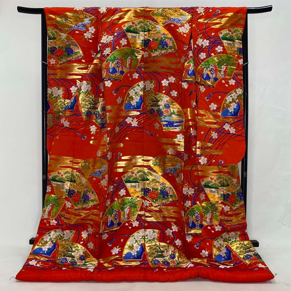 色打掛 正絹 鶴 刺繍 金 赤 打掛 Mサイズ 裄66 花嫁衣裳 婚礼 リサイクル 中古 ブライダル ウエディング 着物 3998