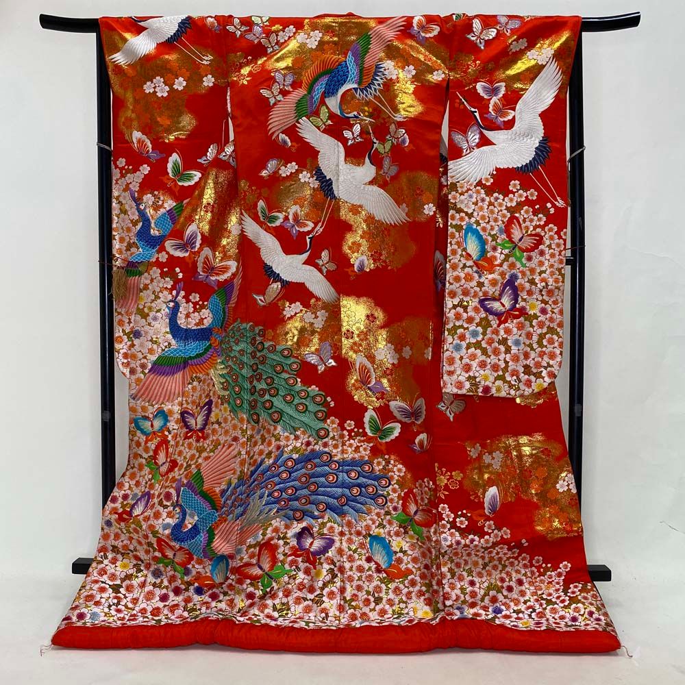 色打掛 正絹 鶴 刺繍 金 赤 打掛 Lサイズ 裄67 花嫁衣裳 婚礼 リサイクル 中古 ブライダル ウエディング 着物 3999