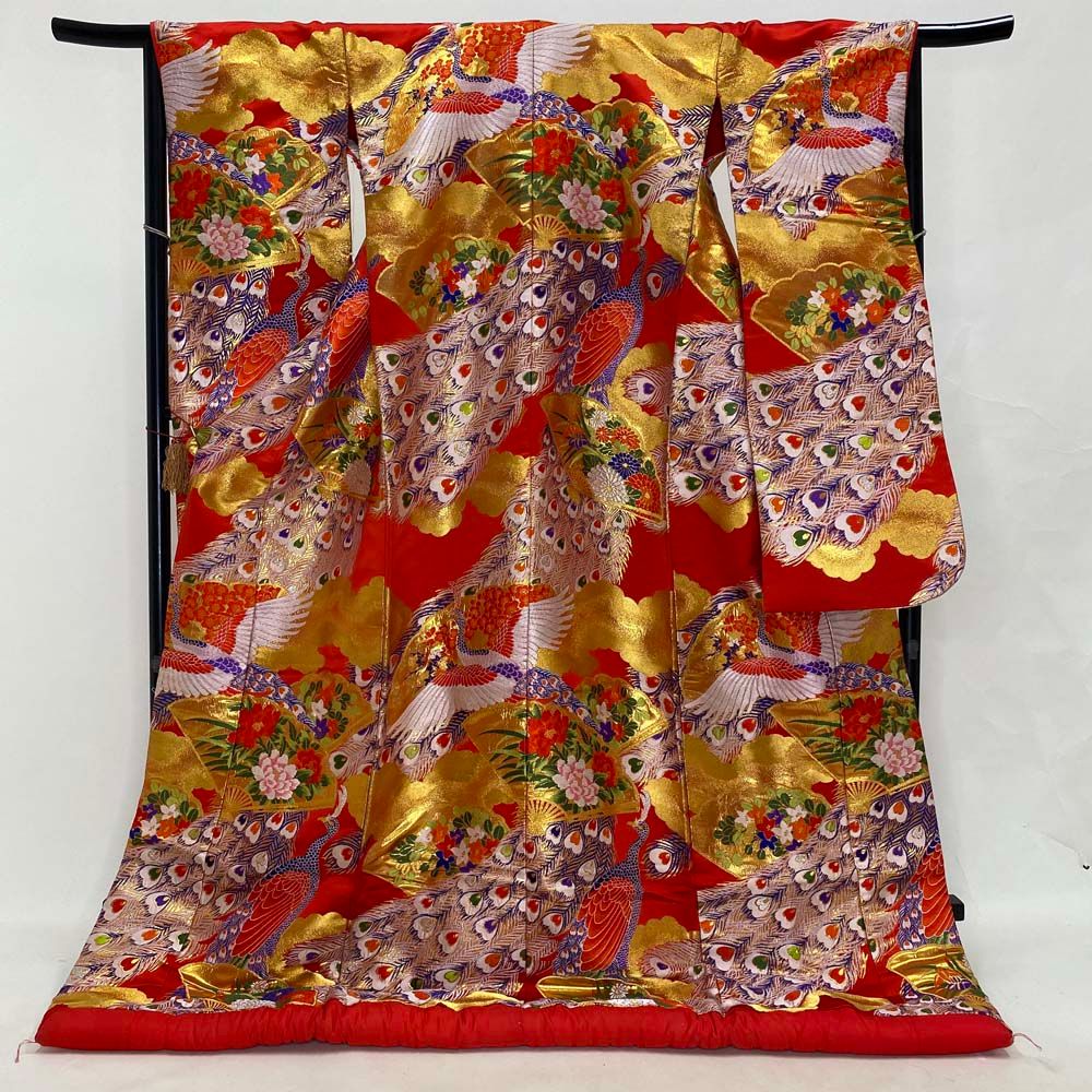 色打掛 正絹 鶴 刺繍 金 赤 打掛 Mサイズ 裄66 花嫁衣裳 婚礼 リサイクル 中古 ブライダル ウエディング 着物 4013