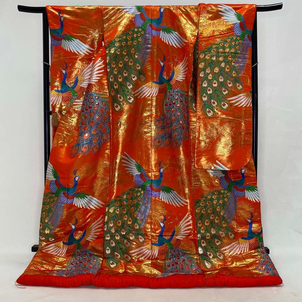 色打掛 正絹 鶴 刺繍 金 赤 打掛 Mサイズ 裄66 花嫁衣裳 婚礼 リサイクル 中古 ブライダル ウエディング 着物 4016