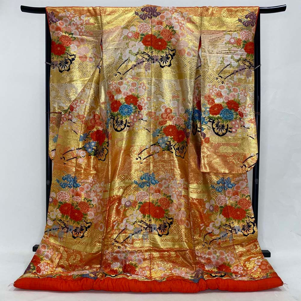 色打掛 正絹 鶴 刺繍 金 赤 打掛 Mサイズ 裄66 花嫁衣裳 婚礼 リサイクル 中古 ブライダル ウエディング 着物 4017