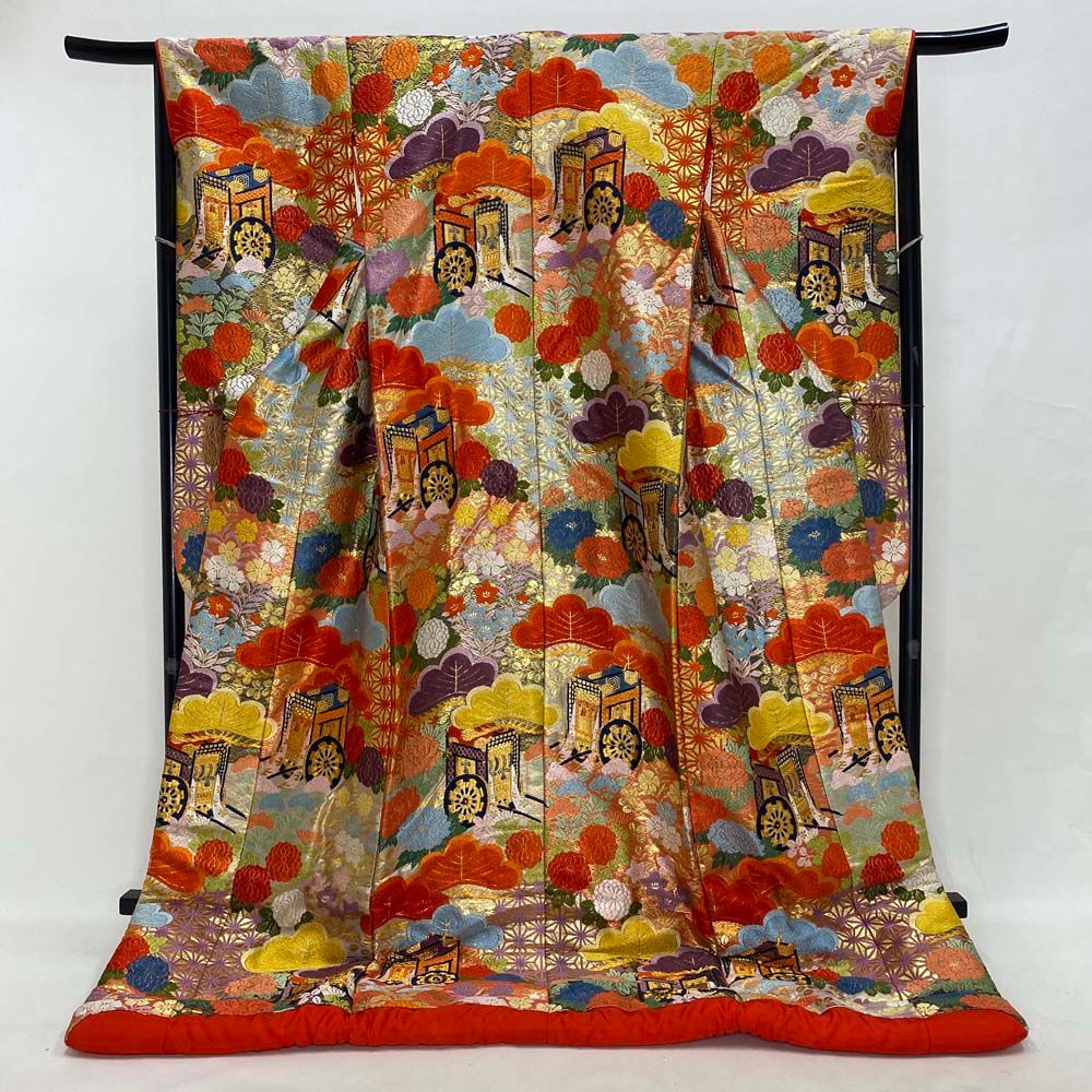 色打掛 正絹 鶴 刺繍 金 赤 打掛 Mサイズ 裄66 花嫁衣裳 婚礼 リサイクル 中古 ブライダル ウエディング 着物 4027