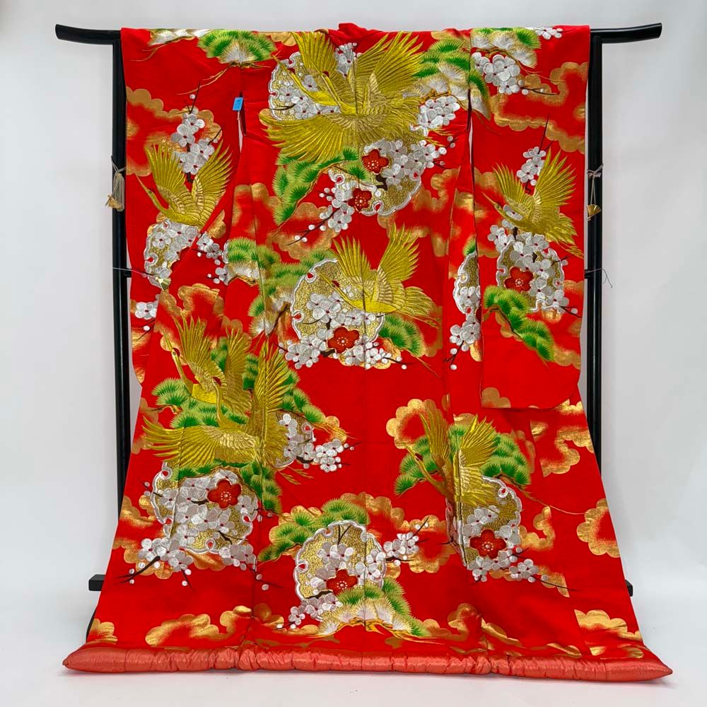 色打掛 正絹 鶴 刺繍 赤 緑 打掛 花嫁衣裳 婚礼 リサイクル 中古 ブライダル ウエディング 着物 4918
