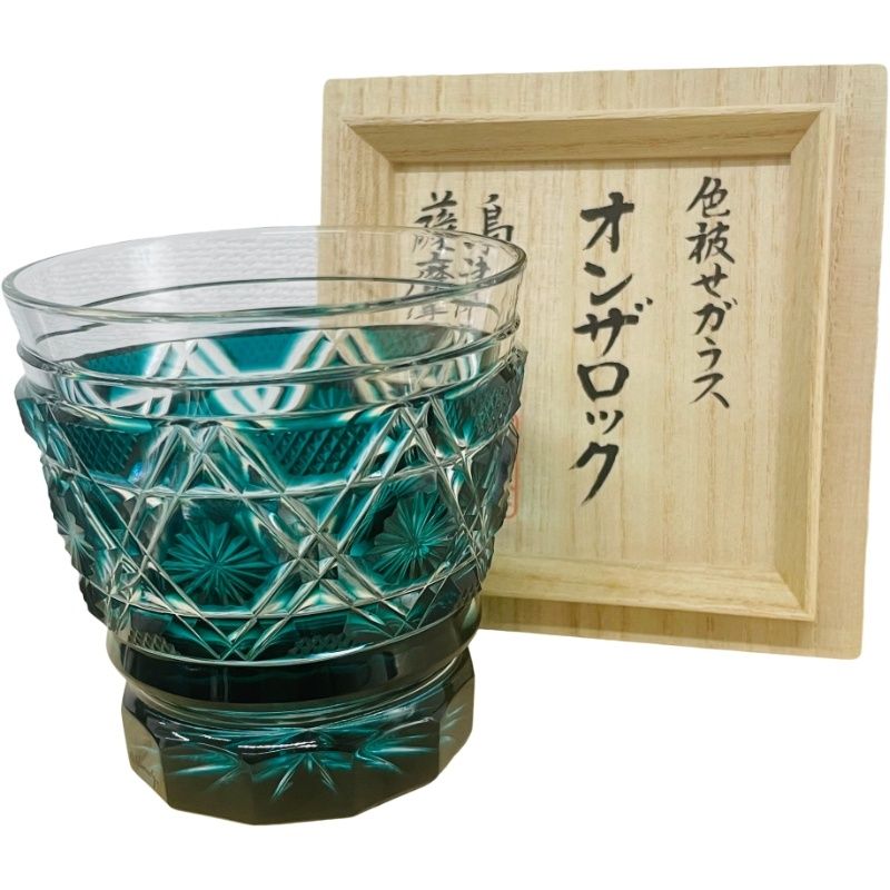 創作島津 薩摩切子 色被せガラス オンザロック グリーン 薩摩ガラス工芸【未使用保管品】12604R28