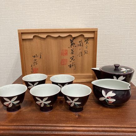 平安 高野昭阿弥 蘭の図 煎茶器揃 急須 湯冷 茶碗 銘 共箱 茶道具 煎茶器