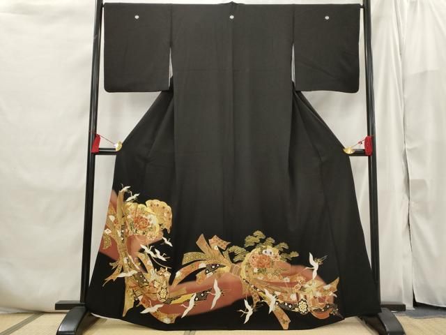 平和屋着物□豪華黒留袖 駒刺繍 束ね熨斗飛鶴花文 金彩 正絹 逸品