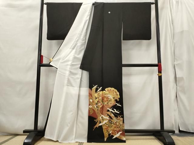 平和屋着物□豪華黒留袖 駒刺繍 束ね熨斗飛鶴花文 金彩 正絹 逸品