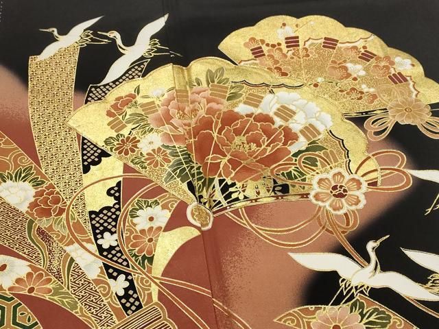 豪華黒留袖　作家物　駒刺繍　束ね熨斗飛鶴文　金彩　正絹　3点セット 平和屋着物□豪華黒留袖 駒刺繍 束ね熨斗飛鶴花文 金彩 正絹 逸品