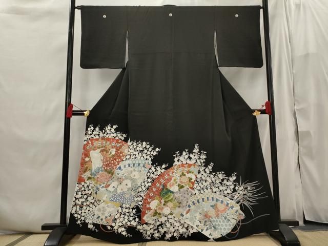 平和屋着物■豪華黒留袖 扇面花鳥文 正絹 逸品 AABI6429st