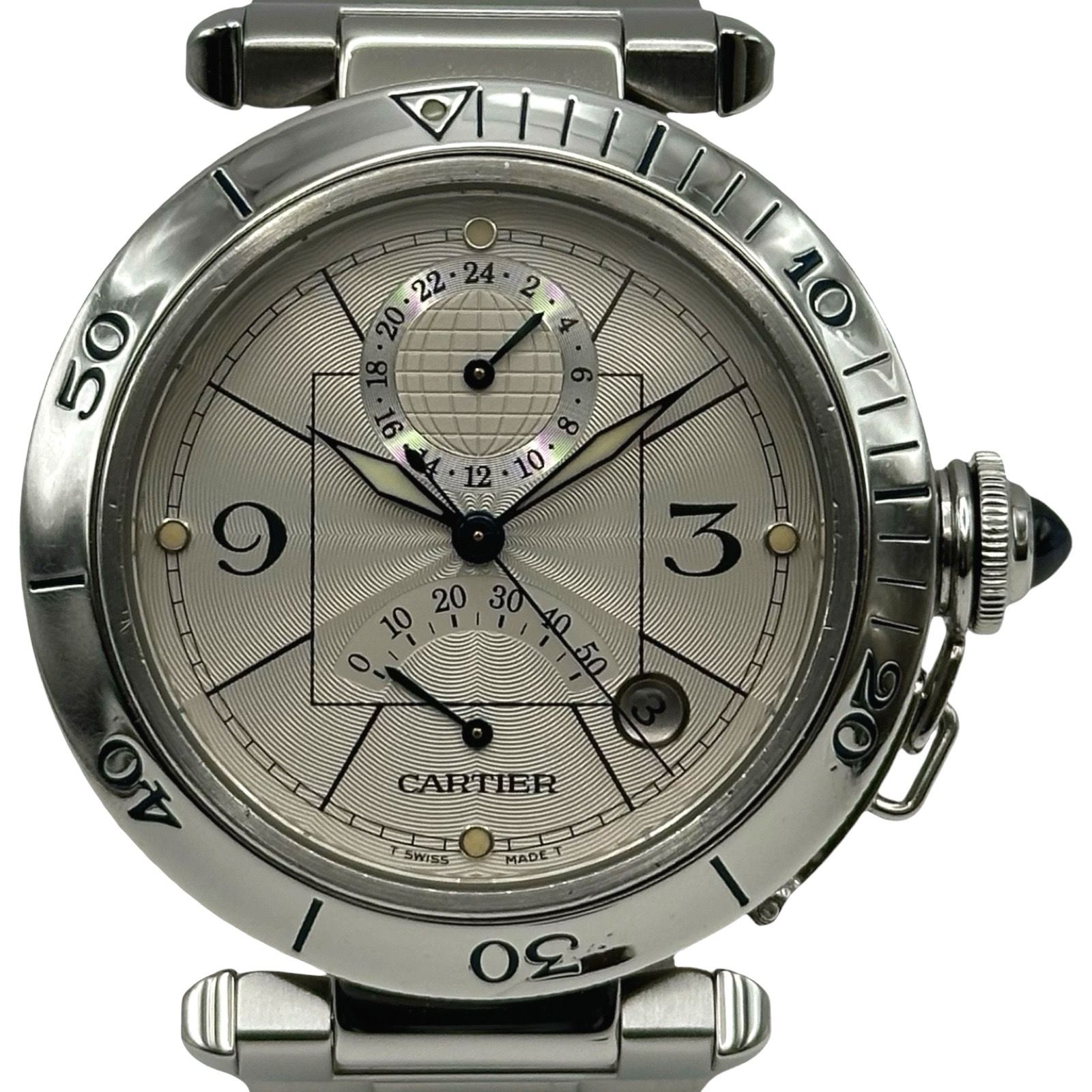 カルティエ Cartier パシャ38mm GMT パワーリザーブ W31037HG シルバー 
