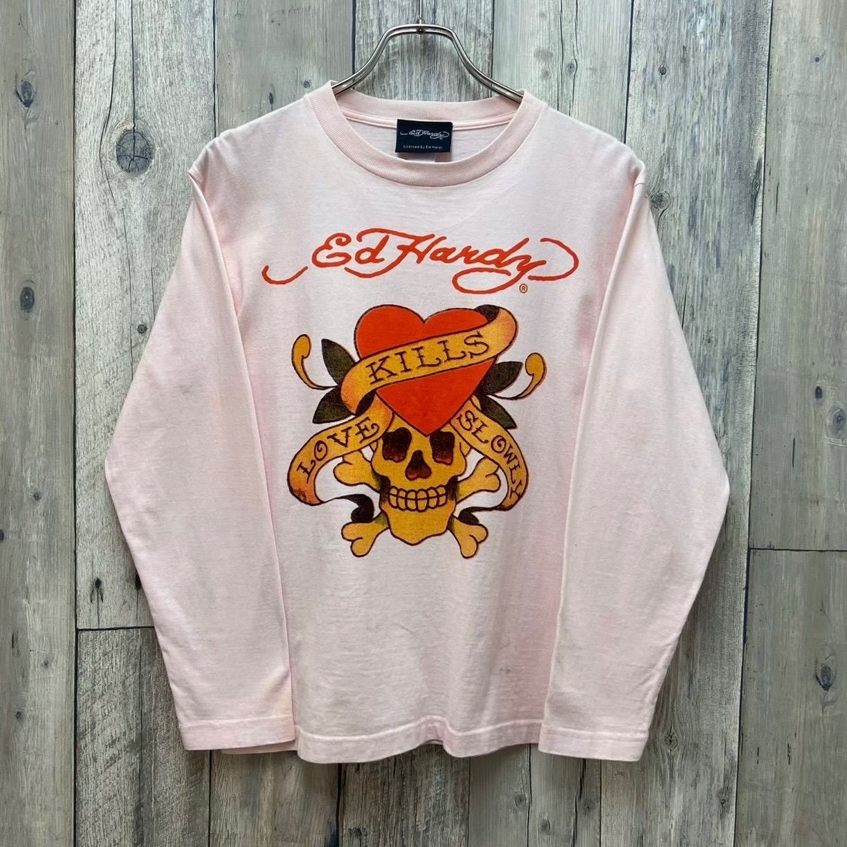 Ed Hardy エドハーディー ピンク 両面プリント ロンT 長袖 Tシャツ 