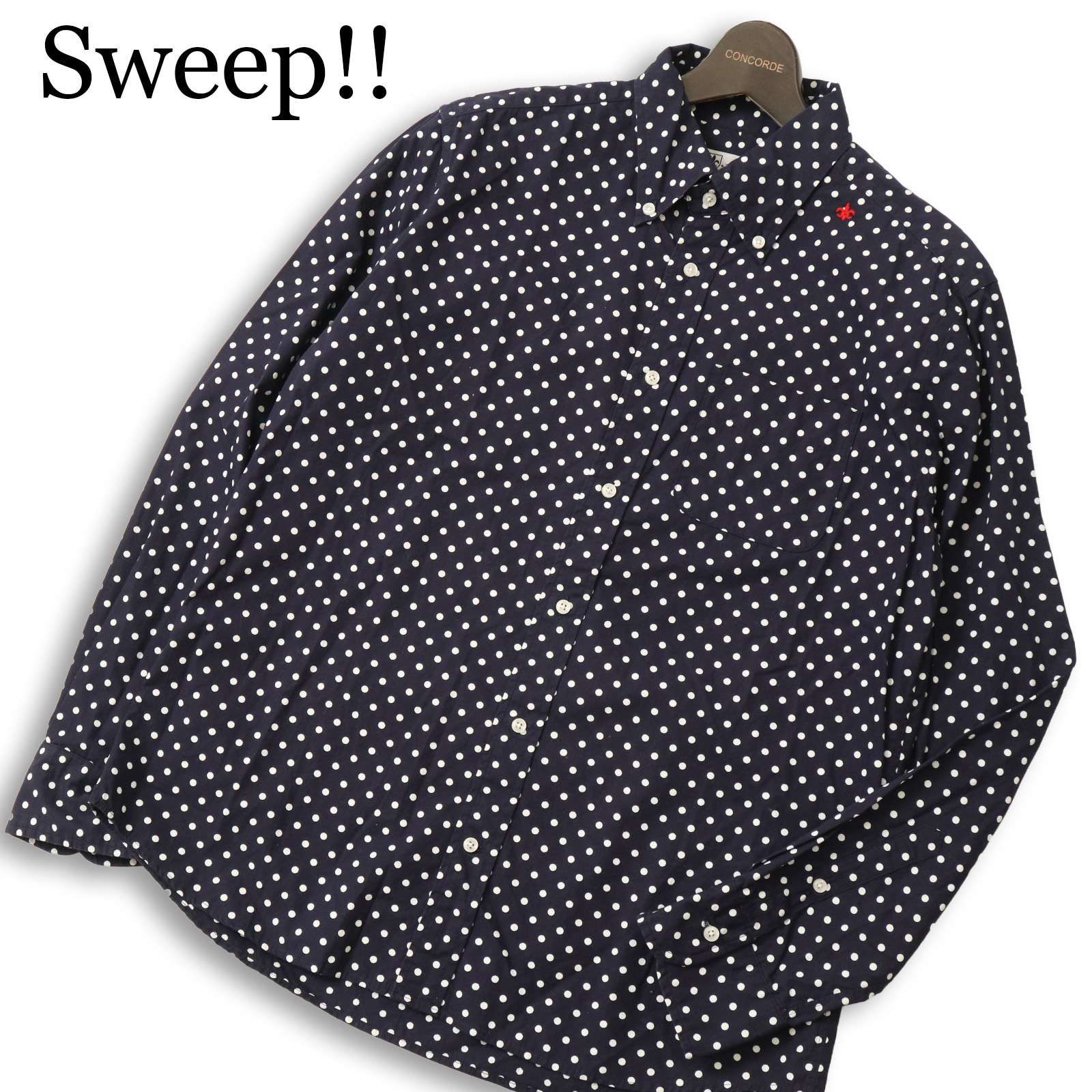 Sweep!! スウィープ 通年 コットン100％★ 長袖 ドット ロゴ刺繍 ボタンダウン シャツ 日本製 Sz.3 メンズ 紺 ネイビー