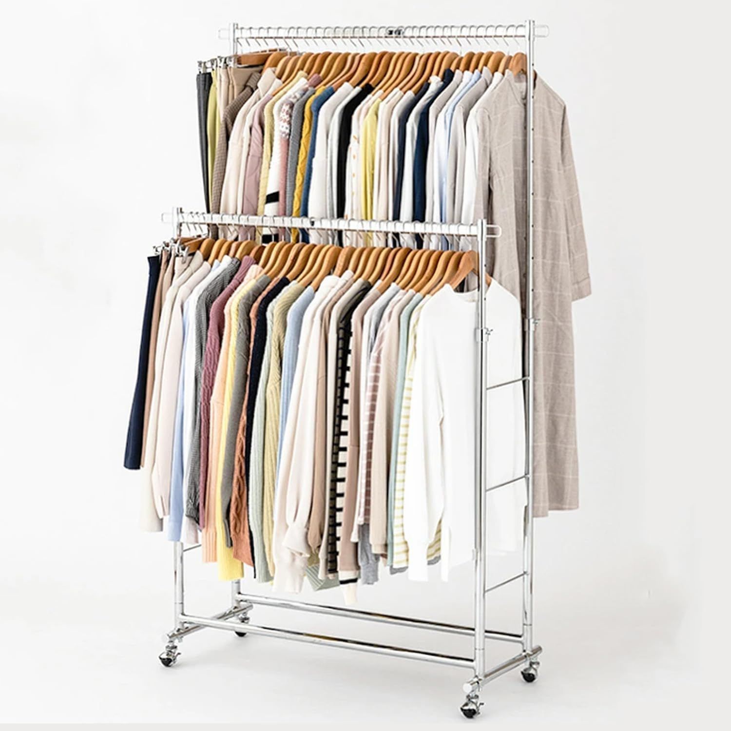 【即日発送】キャスター付き 衣装 衣類 服掛け 洋服収納 ロングコート 業務用 幅100.5×奥行41.5×高さ108.5~175.5cm パイプハンガー LIHD-100CR シルバー 大容量 全体耐荷重150kg ダブル 頑丈 ハンガーラック ドウシシャ