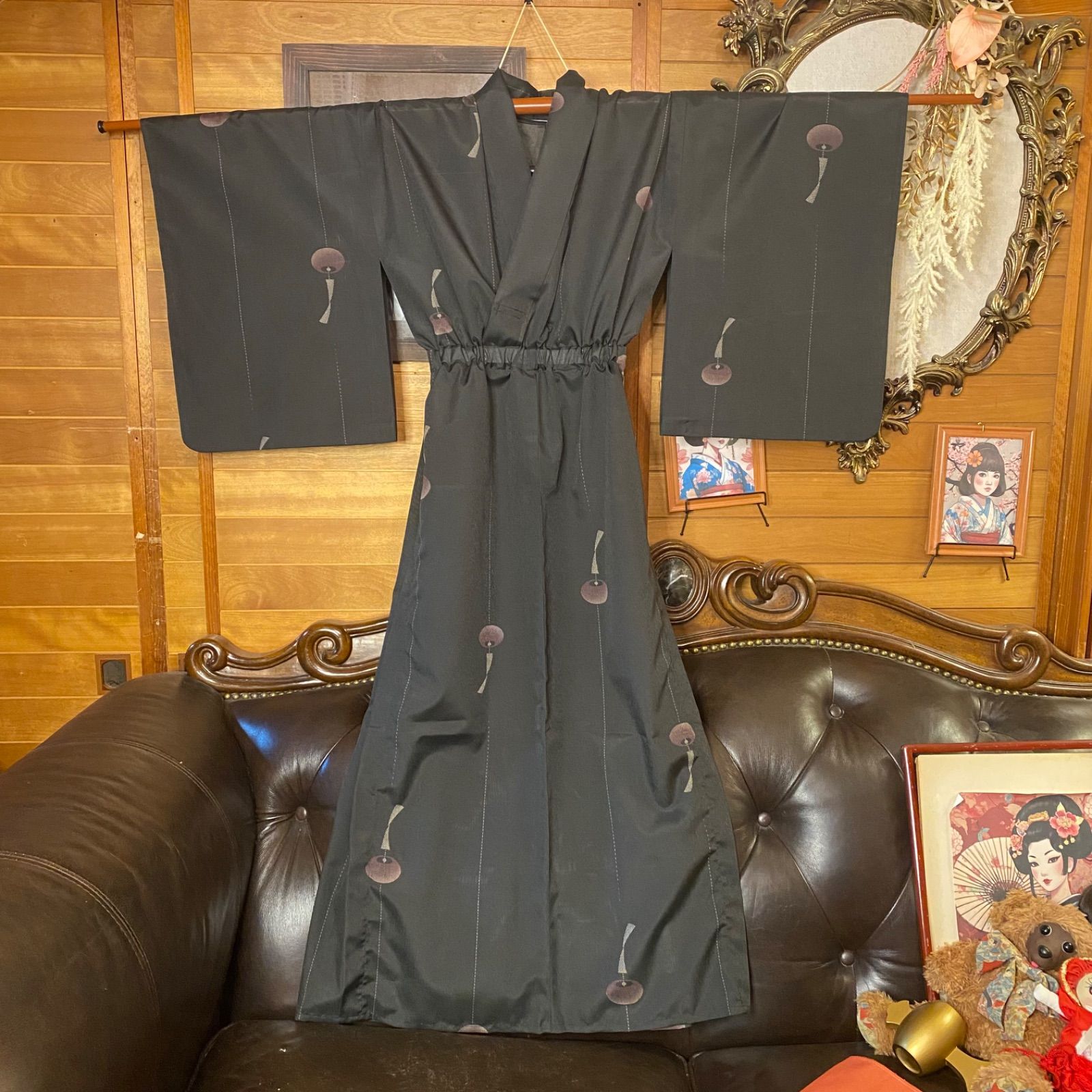 夏着物リメイク ロングワンピース/ドレス/洗える化繊 帯サッシュベルト 落ち着いた黒地に風鈴柄 KW-1406 夏着物リメイク ロングワンピース/ドレス/洗える化繊 帯サッシュベルト 落ち着いた黒地に風鈴柄 KW-1406