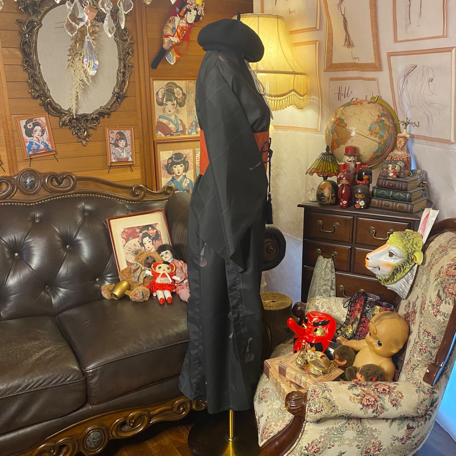 夏着物リメイク ロングワンピース/ドレス/洗える化繊 帯サッシュベルト 落ち着いた黒地に風鈴柄 KW-1406 夏着物リメイク ロングワンピース/ドレス/洗える化繊 帯サッシュベルト 落ち着いた黒地に風鈴柄 KW-1406