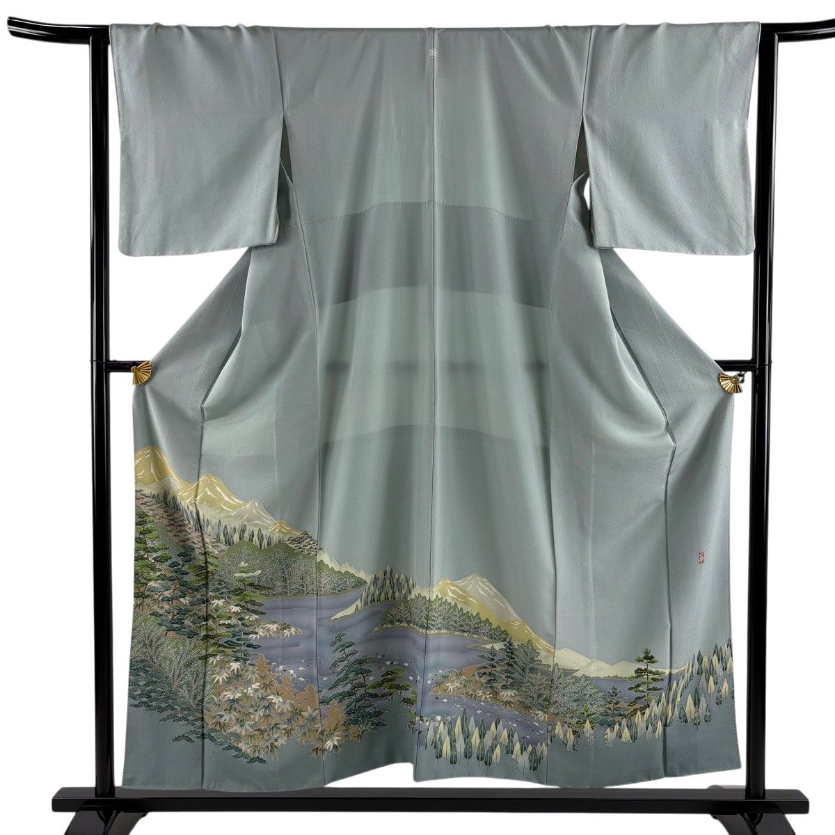 色留袖 身丈154cm 裄丈65.5cm M 袷 落款 風景 松 染め分け 灰緑 正絹 秀品 一つ紋 【中古】