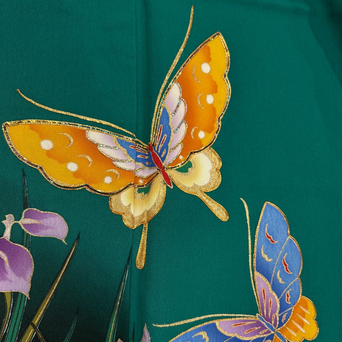 振袖 身丈158cm 裄丈66.5cm M 袷 蝶 草花 金糸 金彩 緑 正絹 秀品