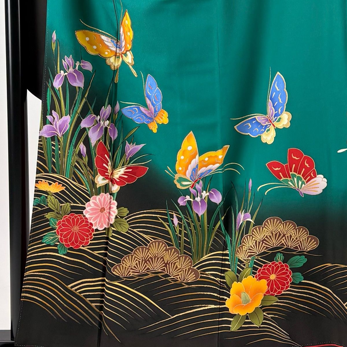 振袖 身丈158cm 裄丈66.5cm M 袷 蝶 草花 金糸 金彩 緑 正絹 秀品