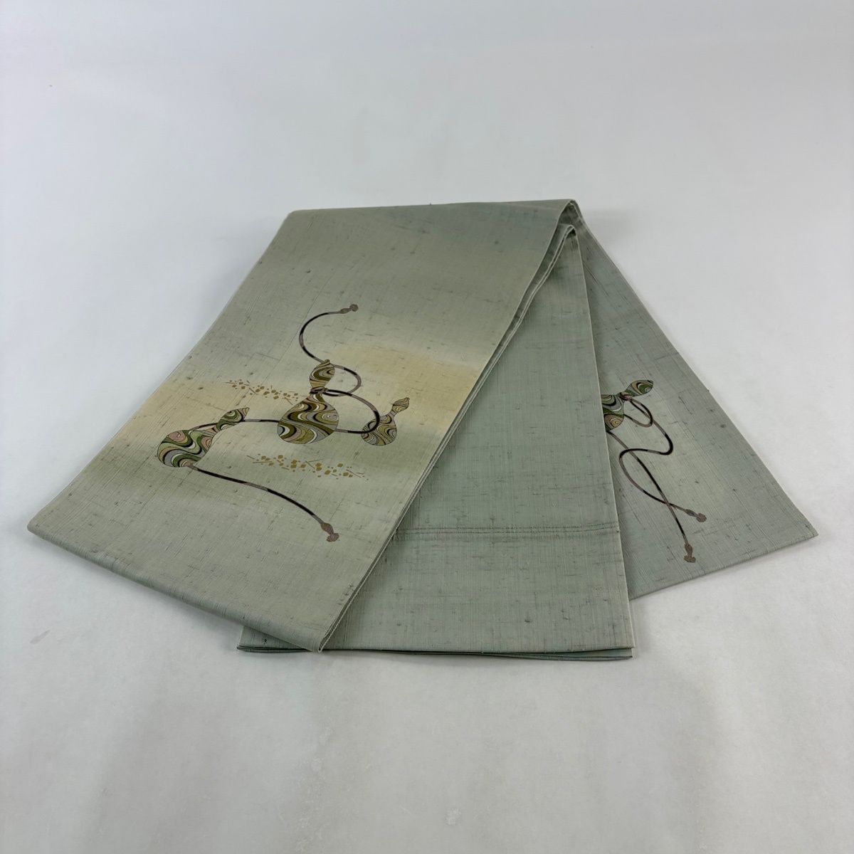 ゆりのはな 未使用品 袋帯 格子に両端刺繍花柄模様 お太鼓