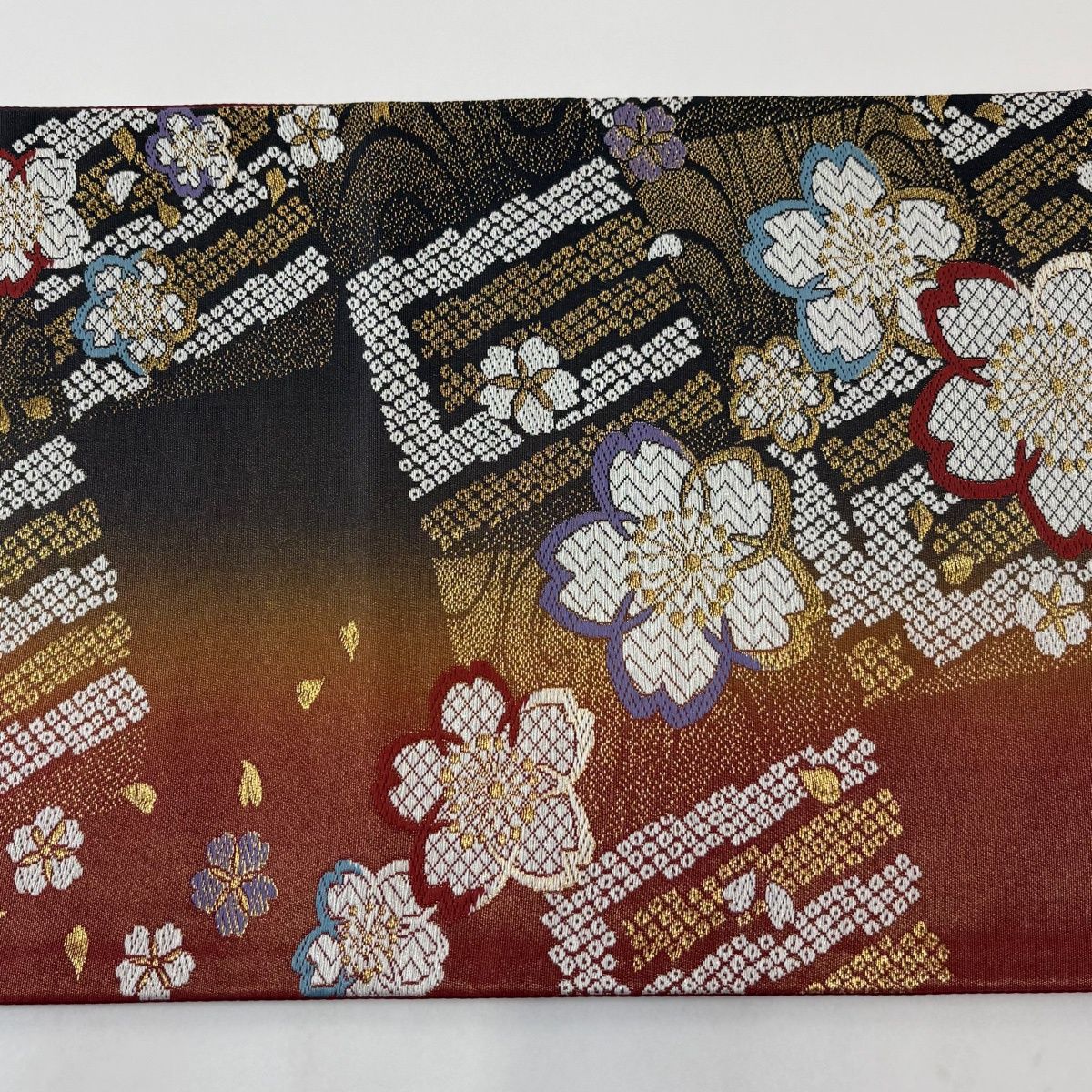 ★美品　洒落袋帯　正絹　茶色　両面　さらさ　花　★ r33 美品】 袋帯 秀品 振袖向き 鈴乃屋 桜 源氏香 赤茶 六通 正絹 【中古