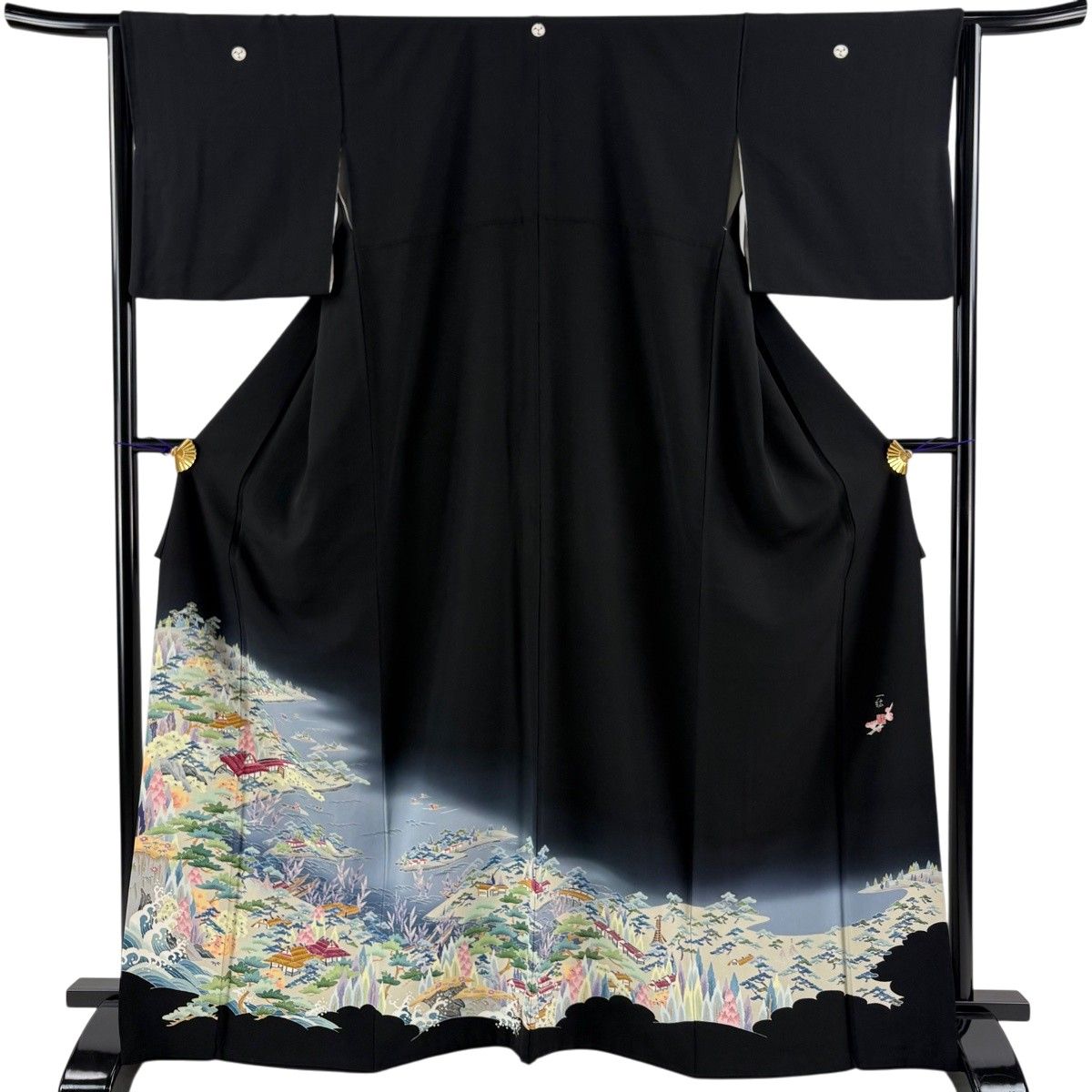 黒留袖 身丈166cm 裄丈64.5cm M 袷 寺西一紘 落款 建物 松 ぼかし 黒 正絹 名品 【中古】