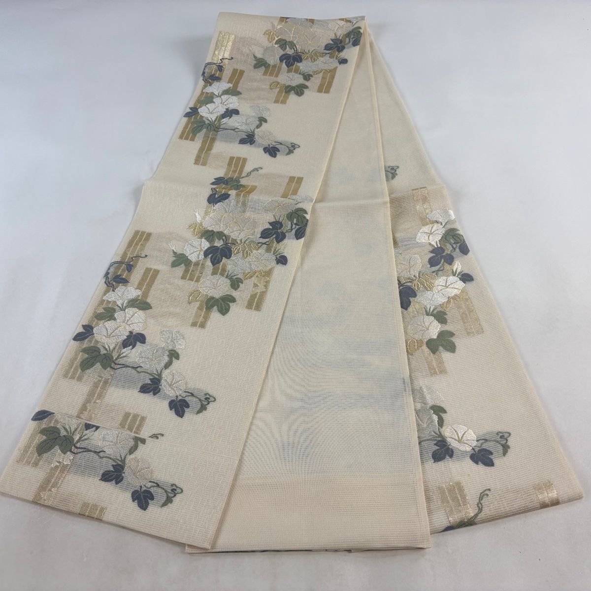 袋帯 名品 夏帯 絽 朝顔 金糸 箔 クリーム 六通 正絹 【中古】 - メルカリ