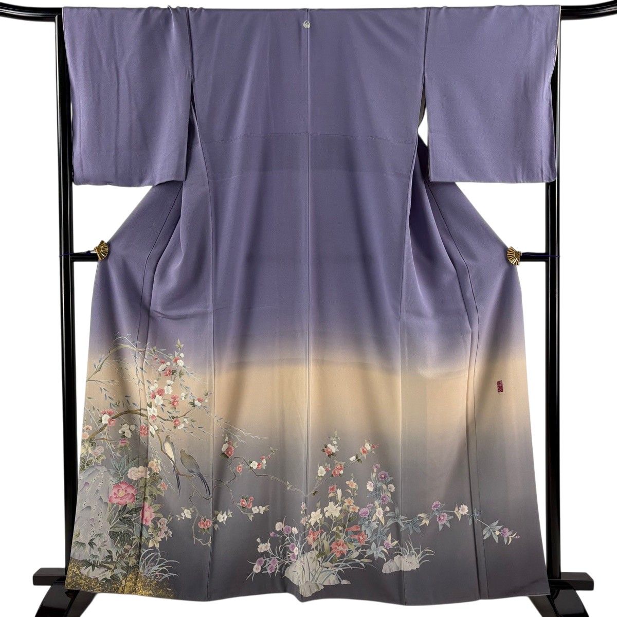 色留袖 身丈162cm 裄丈67.5cm L 袷 落款 枝花 鳥 金彩 ぼかし 紫 正絹