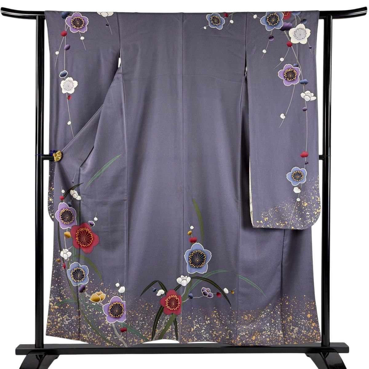 振袖 身丈155cm 裄丈62cm S 袷 桜 枝花 金銀彩 灰紫 正絹 秀品 【中古
